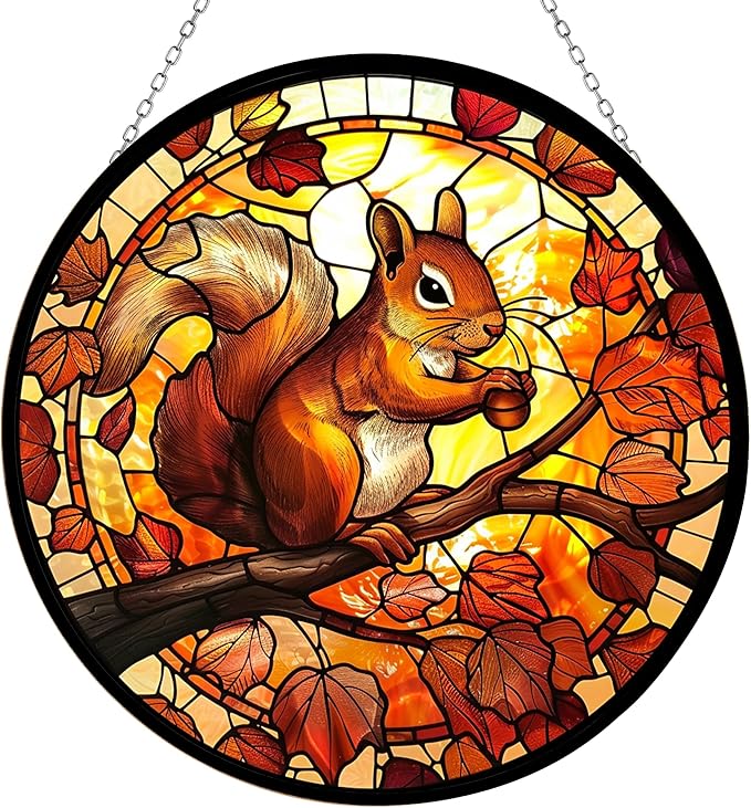 Squirrel Suncatcher Stained Glass Window Hanging Handmade Stained Glass Suncatchers Decoration with Metal Chain Outdoor Garden Decor Gift for Women Christmas Thanksgiving Gifts