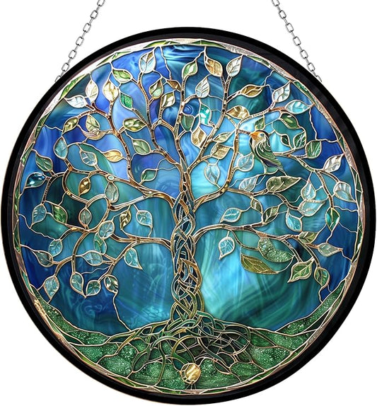 Tree of Life Suncatcher Stained Glass Window Hangings Sun Catchers Colorful Ornament Gifts for Women Mom Wife Halloween Christmas Housewarming