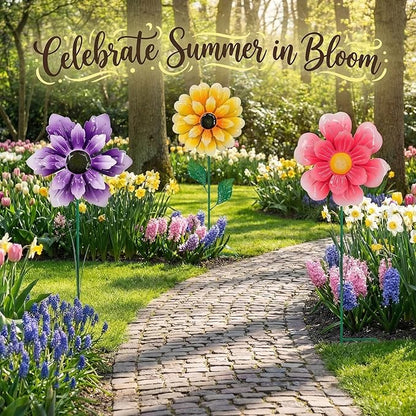 3pcs 18inch Metal Flower Decorative Garden Stakes & Wind Spinner for Outdoor, Colorful Yard Art Garden Decorations for Outside Lawn Porch Pathway Patio.