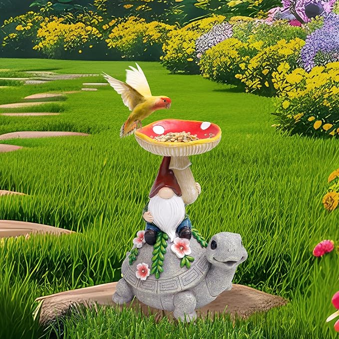 Turtle Garden Solar Statue with Mushroom Bird Bath Outdoor Waterproof, Gifts to Mom Women Grandma Birthday Mother's Day, Gnome Bird Feeder with LED Light for Yard Lawn Porch Outside Decor
