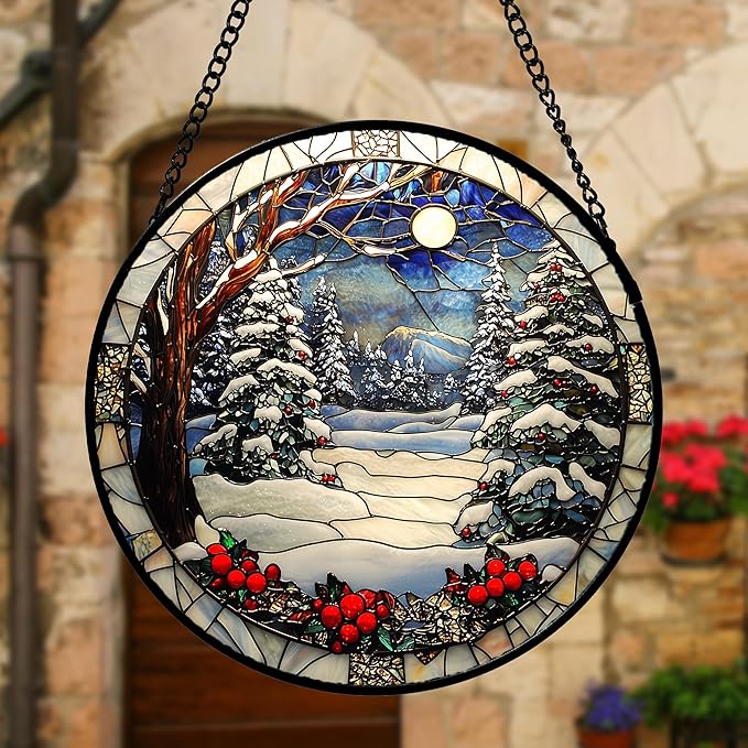 DASTOLL Stained Glass Window Hanging Christmas Tree Winter Snow Night Scenery 9.8" - Suncatcher Door Garden Kitchen Sun Catcher Home Decor Birthday for Mom Men Woman Friend