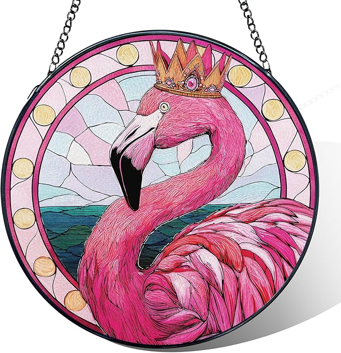 Pink Flamingo Stained Glass Window Hanging, Flamingo Suncatcher, Tropical Pink Flamingos Bird Sun Catchers Indoor Window Round Glass Wall Art Hanging Decorations, 7.9x7.9in