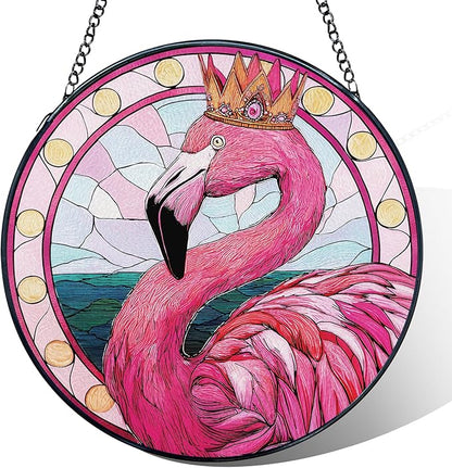 Pink Flamingo Stained Glass Window Hanging, Flamingo Suncatcher, Tropical Pink Flamingos Bird Sun Catchers Indoor Window Round Glass Wall Art Hanging Decorations, 7.9x7.9in