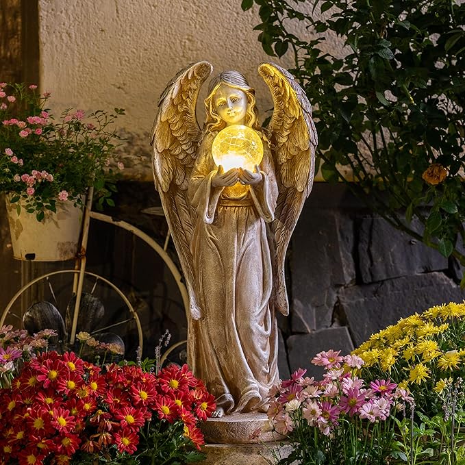 TERESA'S COLLECTIONS Angel Garden Statues with Solar Outdoor Light for Outdoor Decor, Fairy Figurine Resin with Wing & Glass Ball for Garden Decor, Yard Decor Lawn Ornament Gifts for Mom, 7.1"