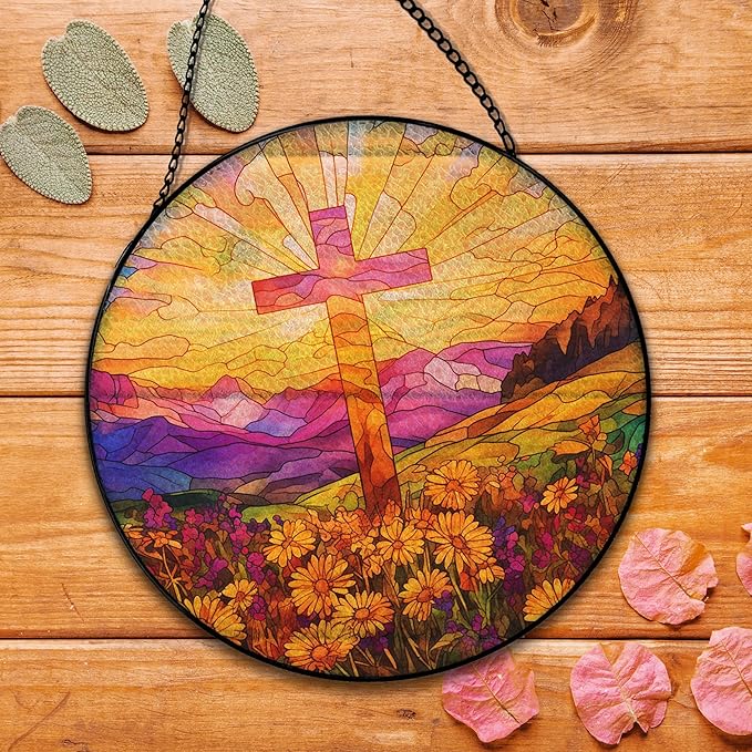 Cross Suncatcher Stained Glass Window Hanging, Wildflower Flower Cross Sun Catchers Indoor Window Glass Round Wall Decor, Religious Wall Art Hanging Decorations, 7.8＂x7.8＂