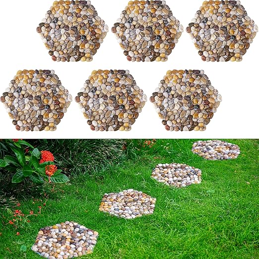 Qualdout River Rocks Stepping Stones Pavers Outdoor for Garden Walkway, Decorative Pebbles Polished Gravel for Backyard Lawn Patio Pathway Landscaping, Set of 6 (Hexagon)