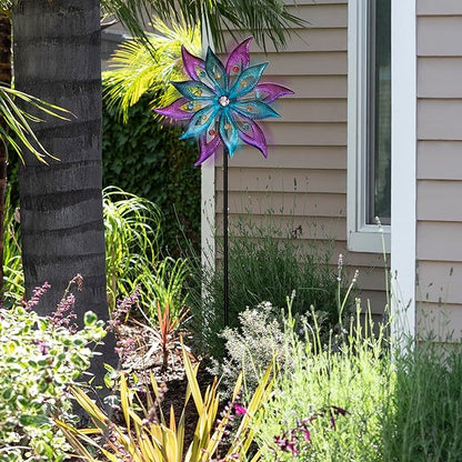 Alpine Corporation 64" Tall Outdoor Floral Windmill Stake with Gems Kinetic Spinner, Purple and Aqua