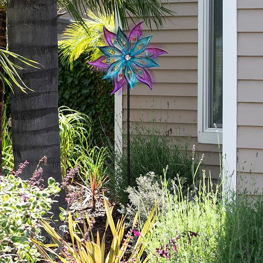 Alpine Corporation 64" Tall Outdoor Floral Windmill Stake with Gems Kinetic Spinner, Purple and Aqua