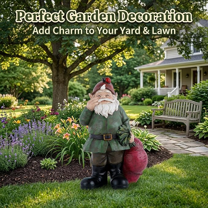 Topadorn Gnomes Figurine Resin Sculpture Garden Gnome Drag a Brunch of Radishes Statue with a Ladybug for Indoor Outdoor Decor, Radish Harvest 10 Inch, Weatherproof Garden Gnome Yard Statue Decor