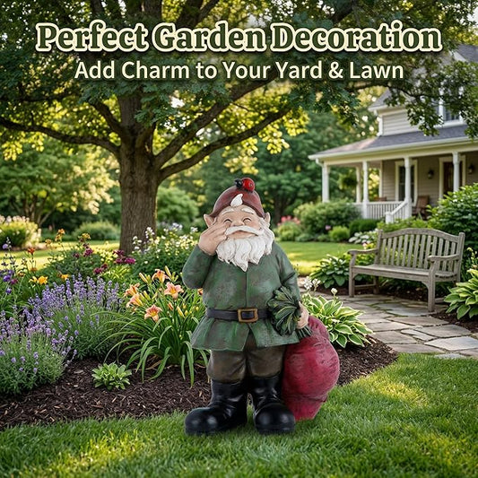 Topadorn Gnomes Figurine Resin Sculpture Garden Gnome Drag a Brunch of Radishes Statue with a Ladybug for Indoor Outdoor Decor, Radish Harvest 10 Inch, Weatherproof Garden Gnome Yard Statue Decor