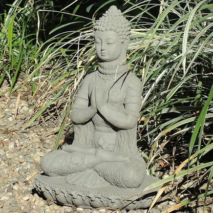 Praying Buddha Statue: Durable Solid Stone Sculpture with Aged Texture. Unique Home Décor, Garden Accent. Sealed for Outdoors. Handcrafted USA. (Antique/Gray)