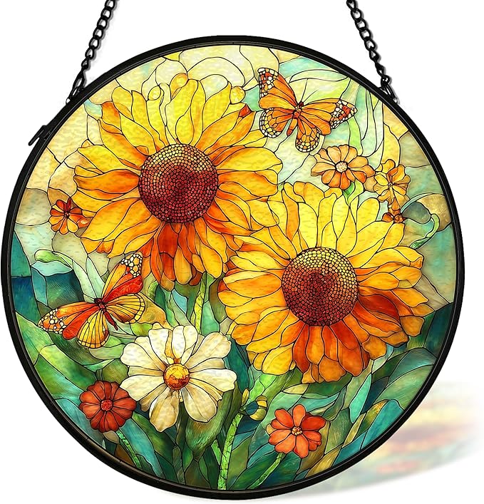 Sunflower Suncatcher Stained Glass Window Hanging Decor, Butterfly Sunflower Cottagecore Stained Glass Wall Decor, Floral Wildflower Lawn Garden Sun Catchers Window Hanging Wall Art, 7.9x7.9 In
