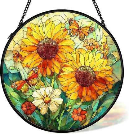 Sunflower Suncatcher Stained Glass Window Hanging Decor, Butterfly Sunflower Cottagecore Stained Glass Wall Decor, Floral Wildflower Lawn Garden Sun Catchers Window Hanging Wall Art, 7.9x7.9 In