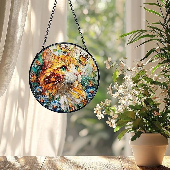 Cat Flower Suncatcher Stained Glass Window Hanging, Butterfly Floral Orange Cat Sun Catchers Indoor Window Glass Wall Art Decor, Kitten Floral Wall Hanging Decor, 7.9x7.9 Inch 035-MH-BLGH