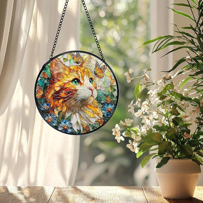 Cat Flower Suncatcher Stained Glass Window Hanging, Butterfly Floral Orange Cat Sun Catchers Indoor Window Glass Wall Art Decor, Kitten Floral Wall Hanging Decor, 7.9x7.9 Inch 035-MH-BLGH