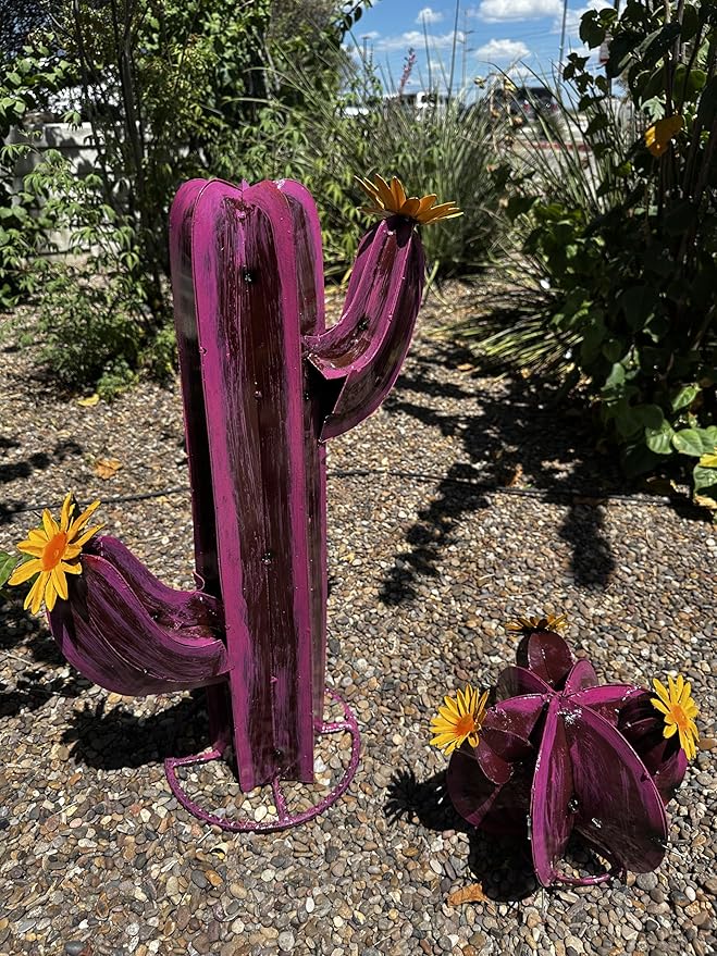 Colorful Metal Saguaro Cactus with Flowers - Handmade Garden Decor (Pink)