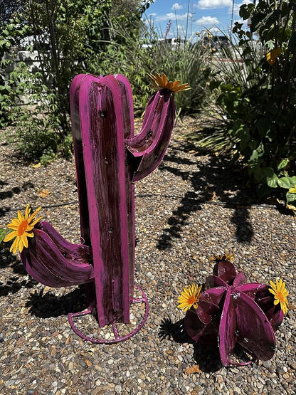 Colorful Metal Saguaro Cactus with Flowers - Handmade Garden Decor (Pink)