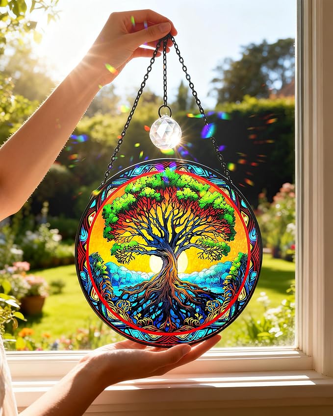 Tree of Life Stained Glass Suncatcher,Heart Shape Tree of Life Window Hanging Decor,Handmade Glass Sun Catcher with Crystal Prism, for Mom Housewarming Birthday Home Decor(7.8 in)
