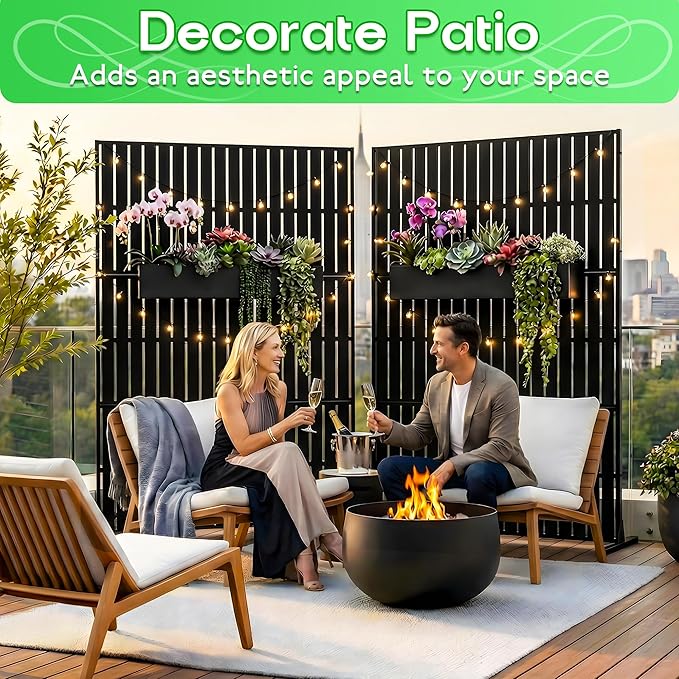MTART Metal Privacy Screen 72" H x 47.2" Decorative Outdoor Privacy Screen Privacy Panel with Stand for Balcony Deck Patio Lawn Garden, Privacy Fence (Black-Vertical)