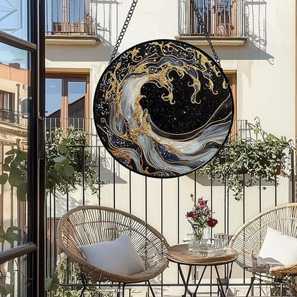 CHATYOUNG Stained Glass Window Hanging Black and Gold Abstract Ocean Waves Large 11.8" - Suncatcher Door Garden Sunroom Sun Catcher Decor Housewarming Christmas Birthday for Mom Grandma Home Owner