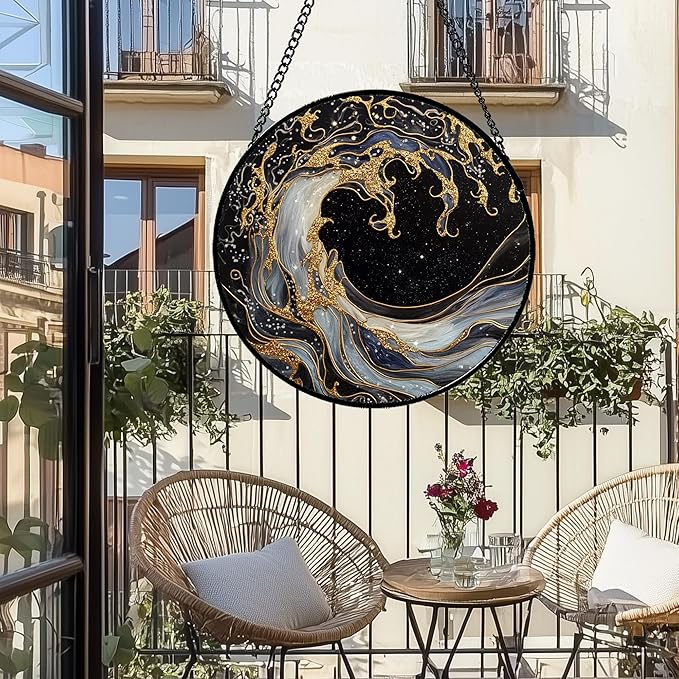 CHATYOUNG Stained Glass Window Hanging Black and Gold Abstract Ocean Waves Large 15" - Suncatcher Door Garden Sunroom Sun Catcher Decor Housewarming Christmas Birthday for Mom Grandma Home Owner
