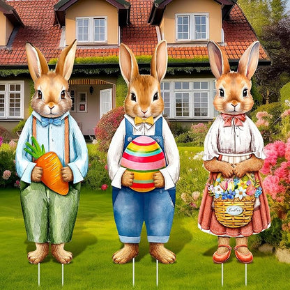 Umigy 3 Pcs Easter Yard Decor Elegant Easter Sign with Stakes 32 x 10 Inch Bunny Holding Carrots Eggs Baskets Lawn Decor Cute Yard Decoraitons for Home Pathway Walkway