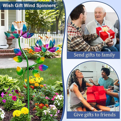 Solar Wind Spinners Blue Twin Flowers for Yard and Garden, Solar Windmill Garden Whirligig Kinetic Spinners Decor for Lawn, Patio, Yard, Metal Wind Outdoor Sculpture