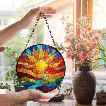 Sunshine Suncatcher Stained Glass Window Hanging, Nature Sunset Landscape Sun Catchers Indoor Window Glass Wall Art Decor, Sun Wall Hanging Decor Decorations, 7.9x7.9 Inch