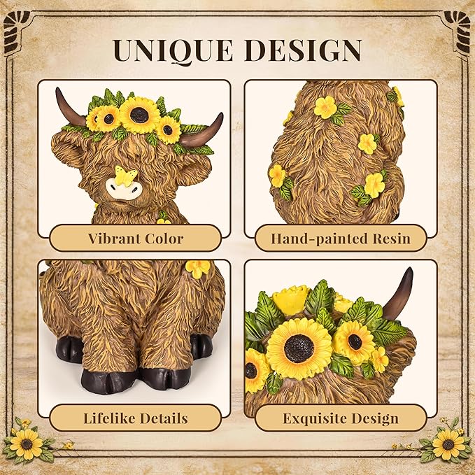 TISEJOY Highland Cow Decor 8", Highland Cow Statues for Garden Decor, Outdoor Indoor Table Desk Decor, Garden Statues for Patio Yard Lawn Windowsill and Backyard, Garden Gifts for Mom, Friends