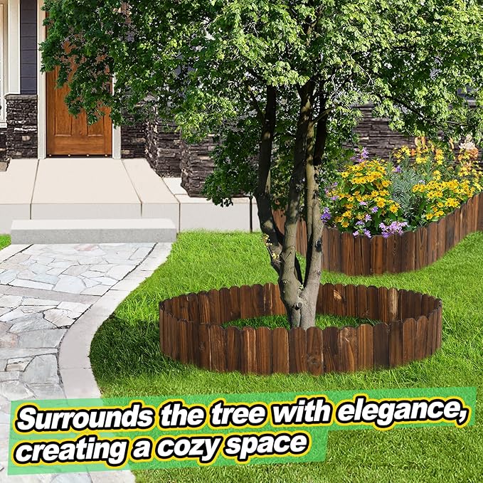 Rustic Pine Wood Garden Fence - 26.2ft Total Length (2pcs 13.1ft L*12in H) Easy to Install Sturdy Wooden Landscape Edging Border, No Fading Planter Fencing for Yard Flower Bed Lawns Pathway Tree