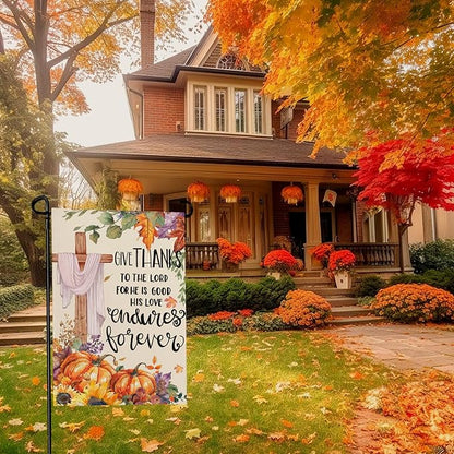 Thanksgiving Garden Flag 12x18 Inch Double Sided Give Thanks to The Lord Cross Yard Garden Flags Burlap Outdoor Fall Pumpkins Flag Holiday Decorations for Outside Home