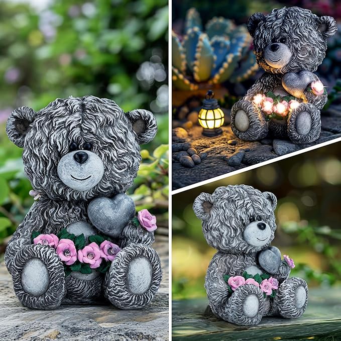 YDKOJGW Solar Garden Outdoor Statues Bear with Heart and Pink Flower and 5 LED Lights-Lawn Decor Bear Statue for Patio, Balcony, Yard Ornament-Unique Housewarming Gifts for Mom, Women