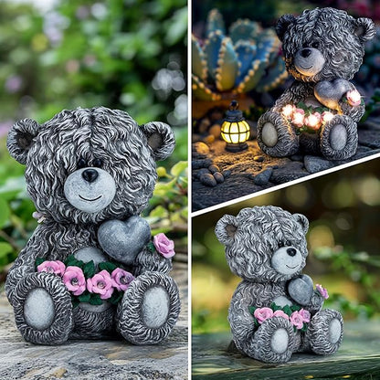 YDKOJGW Solar Garden Outdoor Statues Bear with Heart and Pink Flower and 5 LED Lights-Lawn Decor Bear Statue for Patio, Balcony, Yard Ornament-Unique Housewarming Gifts for Mom, Women