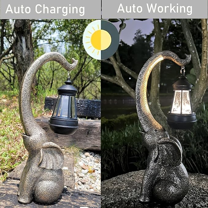 NASKY 14.76" Outdoor Sculpture Figurine Statue Solar Elephant – Stone-Look Resin Garden, Yard, Lawn, & Park Decor, Perfect Housewarming Gift for Family, Friends, or Colleagues