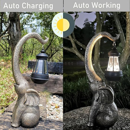 NASKY 14.76" Outdoor Sculpture Figurine Statue Solar Elephant – Stone-Look Resin Garden, Yard, Lawn, & Park Decor, Perfect Housewarming Gift for Family, Friends, or Colleagues