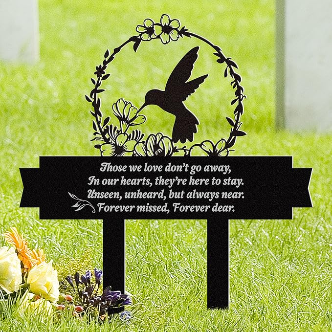 Memorial Stakes for Graves, Grave Decorations for Cemetery with Hummingbird Decor, Metal Memorial Plaques for Outdoors, Grave Yard Decorations as Sympathy Gifts for Loss of Loved One