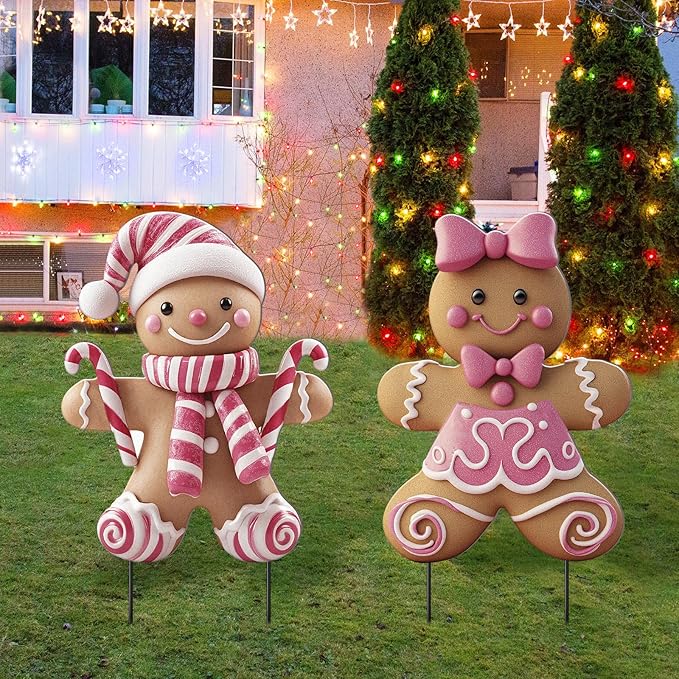2 Pack Christmas Yard Stakes Metal Stakes 3D Boy and Girl Yard Sign Christmas Outdoor Decorations for Outside Holiday Xmas Winter Ornament Lawn Pathway(Pink Gingerbread Man Couple)