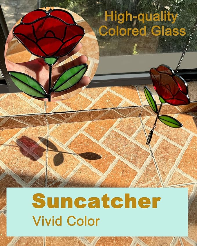 Stained Glass Window Hangings, Handcrafted Garden Suncatchers for Window and Home Decor Decor, Unique Artisan Glass Ornaments for Indoor and Outdoor Use, Red Flower
