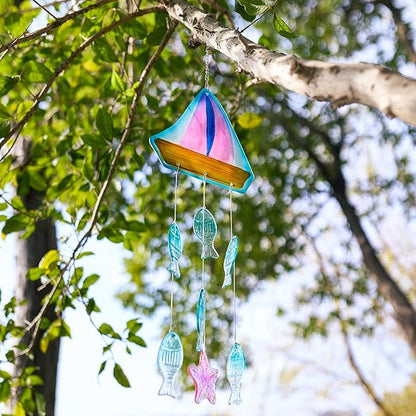 H&D HYALINE & DORA 23.5 Inch Glass Wind Chimes Colorful Sailboat Decor Hanging for Outside Glass Fish Wind Chime Outdoor Decor for Harmonic Porch, Patio & Garden
