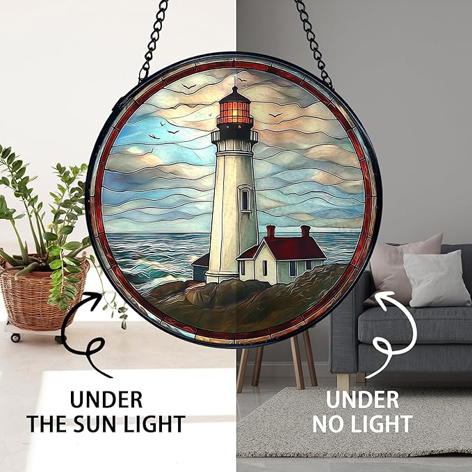 TNUW Lighthouse Stained Glass Window Hanging, Coastal Ocean Lighthouse Sun Catchers Indoor Window Glass Round Wall Art Decor, Nautical Beach Light House Wall Hanging Decorations, 7.9＂x7.9＂