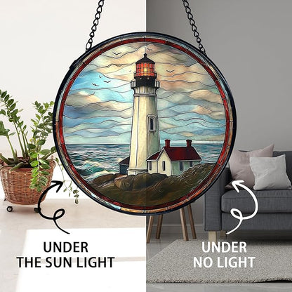 TNUW Lighthouse Stained Glass Window Hanging, Coastal Ocean Lighthouse Sun Catchers Indoor Window Glass Round Wall Art Decor, Nautical Beach Light House Wall Hanging Decorations, 7.9＂x7.9＂