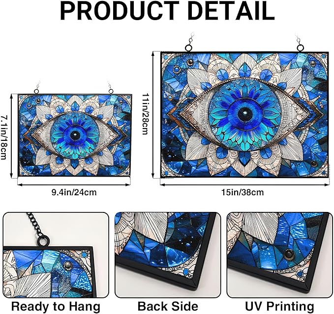 Rectangle Evil Eye Suncatcher Indoor/Outdoor Stained Glass Window Hanging Handmade Suncatchers Home Decor Garden Christmas Party Wedding Housewarming Gifts