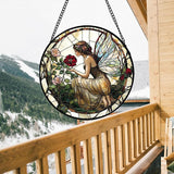 Stained Glass Window Hanging - Butterfly Flower Fairy Suncatcher for Door Terrace Garden Home Decor Yellow Green Plants Sun Catcher Birthday Gifts for Lovers Women Men Dad Mom Nana 9.8 in