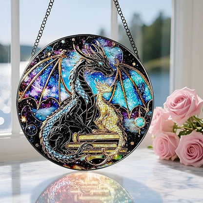 Stained Glass Window Hanging, 8 Inch Dragon Stained Glass Suncatcher, Sun Catchers Indoor Window, Suncatchers for Windows Hanging, Book Lover Christmas Ornament, Perfect for Bookworms