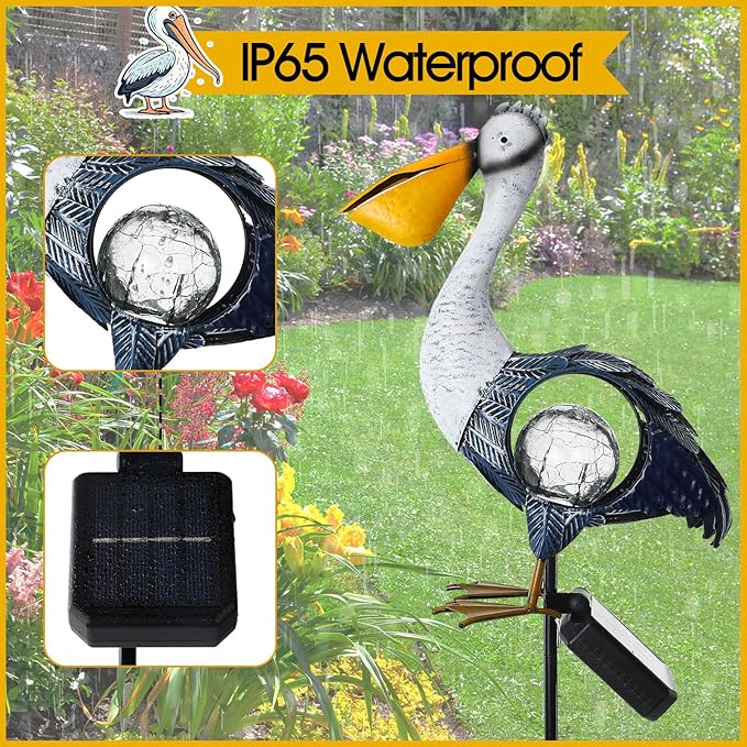 VIHOSE Solar Metal Pelican Statues Pelican Garden Sculpture Pelican Lawn Ornaments with Crackle Glass Ball Lawn Decorations Outdoor for Garden Landscape Outside Flower Bed Patio Yard Backyard Porch