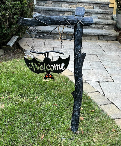 37" Metal Halloween Welcome Sign Post with Bat Outdoor Yard Stake