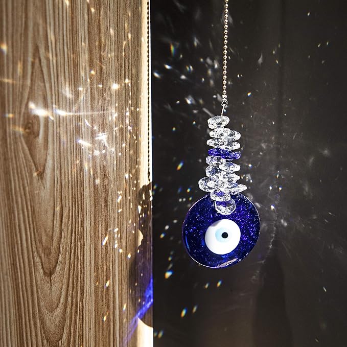4.5inch Blue Glass Evil Eye Talisman with Crystal Beads - Good Luck Charm, Home, Office, Car Decoration, Blessing Ornament for Christmas Tree, Reflects Negative Energy