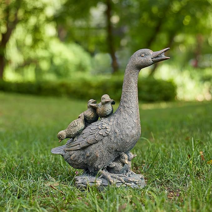 Glitzhome Bronze Duck Garden Statue, 15" H Faux Family of 4 with Mother and Three Babies, Hand-Painted Resin & Stone Outdoor Decor for Yard, Patio, Spring Landscape