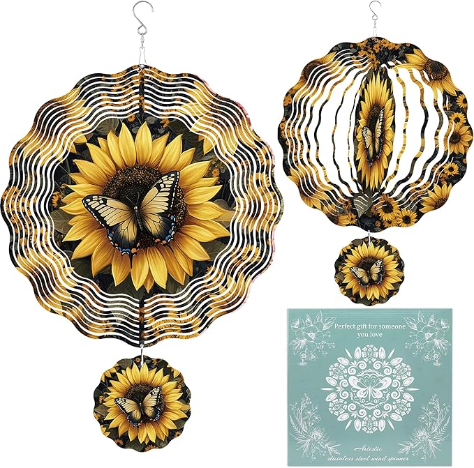 Wind Spinner Hanging Outdoor Decor, 12 Inch 3D Sunflower Butterfly Metal Kinetic Wind Spinners for Garden Yard Patio, Stainless Steel Laser Cut Art Gifts for Women Mother's Day Outdoor Decorations