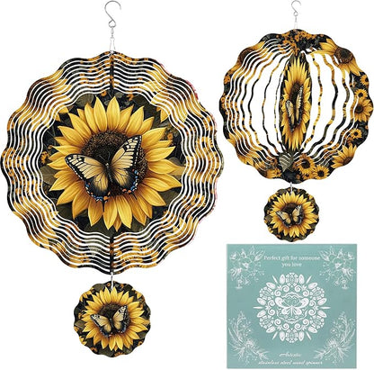 Wind Spinner Hanging Outdoor Decor, 12 Inch 3D Sunflower Butterfly Metal Kinetic Wind Spinners for Garden Yard Patio, Stainless Steel Laser Cut Art Gifts for Women Mother's Day Outdoor Decorations